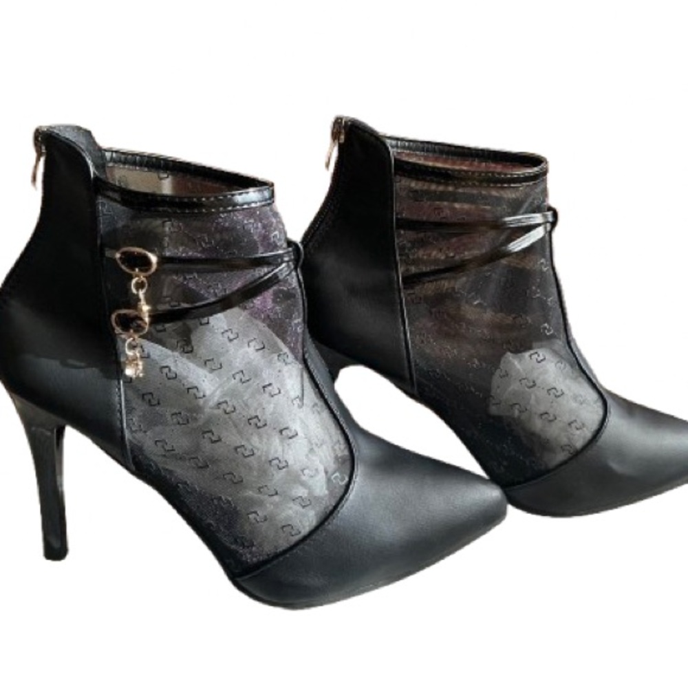 Faux Leather & Sheer Mesh Ankle Boots - Size 39